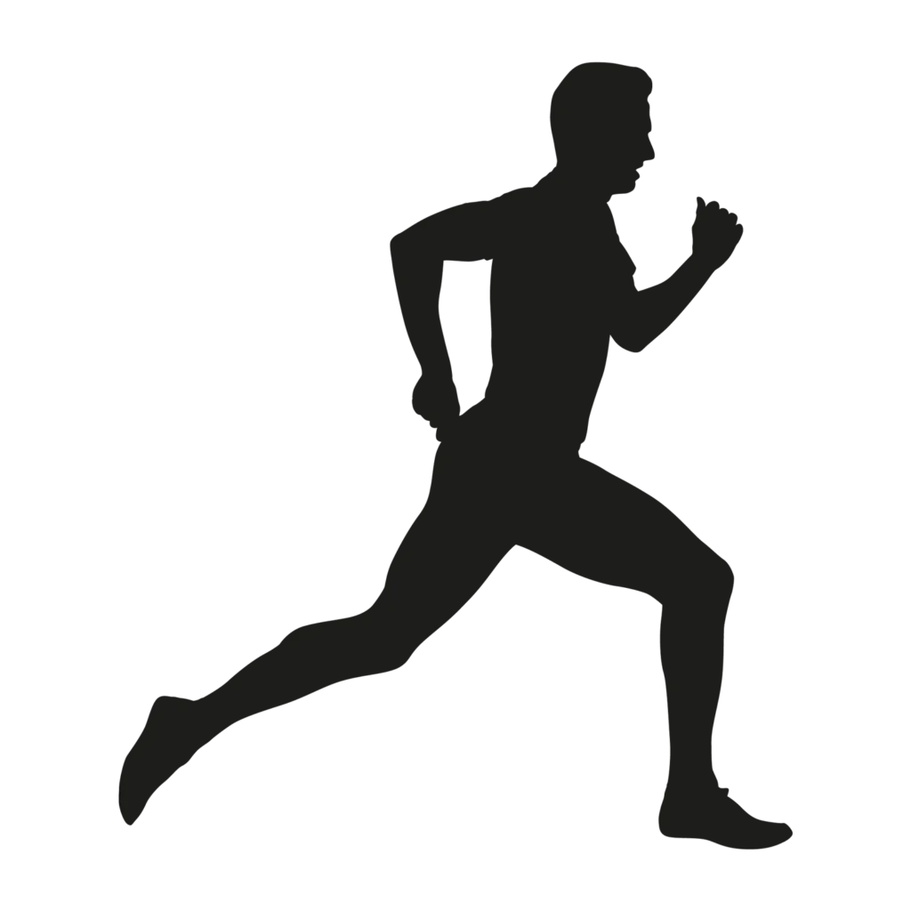 Silhouette of a person running with an upright posture, left leg extended forward, and right arm bent upward. The figures profile is visible against a plain background.